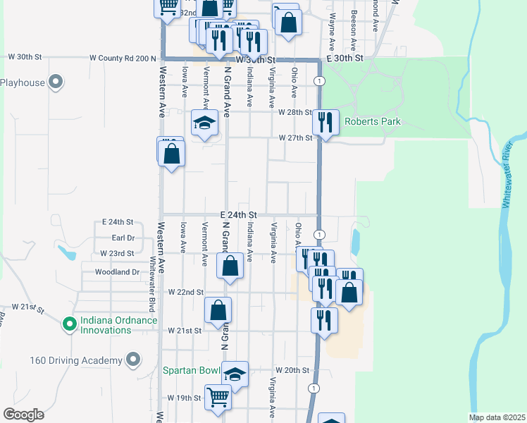 map of restaurants, bars, coffee shops, grocery stores, and more near 302 West 24th Street in Connersville