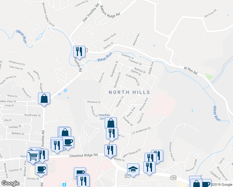 map of restaurants, bars, coffee shops, grocery stores, and more near 1367 Headlee Avenue in Morgantown