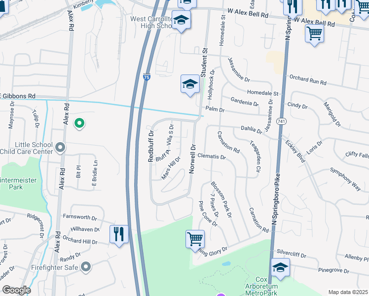 map of restaurants, bars, coffee shops, grocery stores, and more near 1662 Mars Hill Drive in Dayton