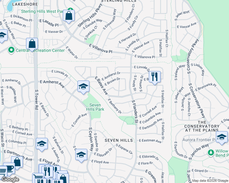 map of restaurants, bars, coffee shops, grocery stores, and more near 19472 East Brunswick Drive in Aurora
