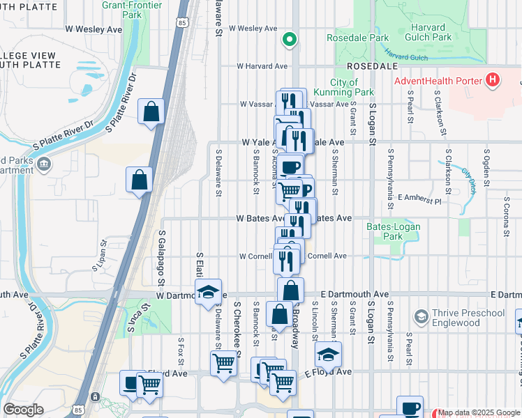 map of restaurants, bars, coffee shops, grocery stores, and more near 2874 South Bannock Street in Englewood