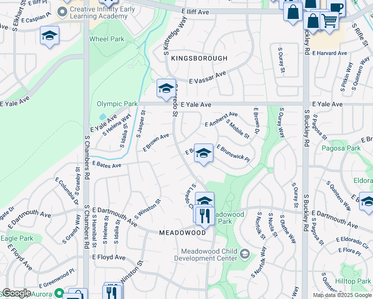 map of restaurants, bars, coffee shops, grocery stores, and more near 15983 East Bates Place in Aurora