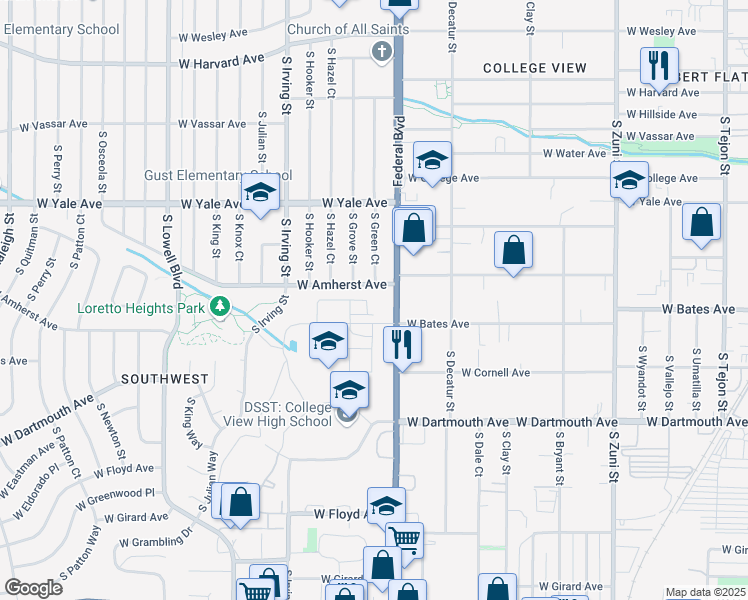 map of restaurants, bars, coffee shops, grocery stores, and more near 2864 South Pancratia Street in Denver