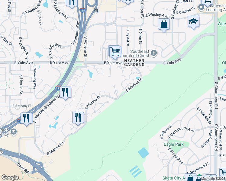 map of restaurants, bars, coffee shops, grocery stores, and more near 14001 East Marina Drive in Aurora