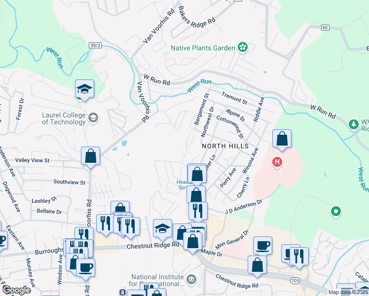 map of restaurants, bars, coffee shops, grocery stores, and more near 101 Cobblestone Circle in Morgantown
