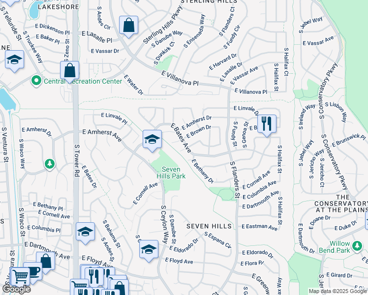 map of restaurants, bars, coffee shops, grocery stores, and more near 19397 E Brunswick Dr in Aurora