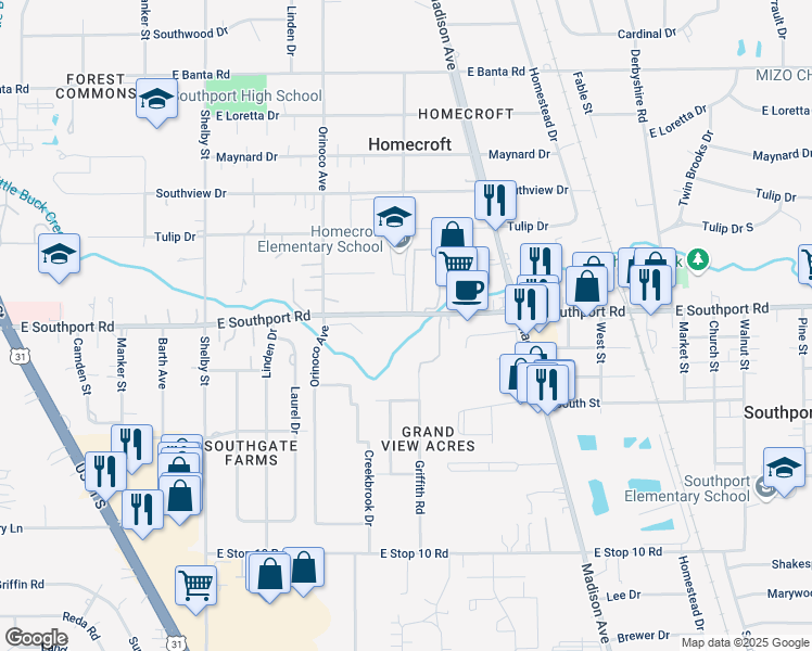 map of restaurants, bars, coffee shops, grocery stores, and more near 1515 East Southport Road in Indianapolis