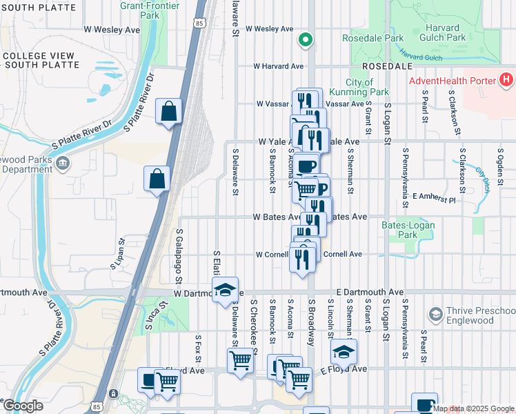 map of restaurants, bars, coffee shops, grocery stores, and more near 2872 South Cherokee Street in Englewood