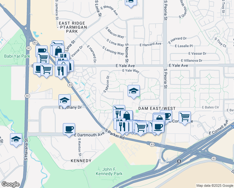 map of restaurants, bars, coffee shops, grocery stores, and more near 11496 East Amherst Circle North in Aurora
