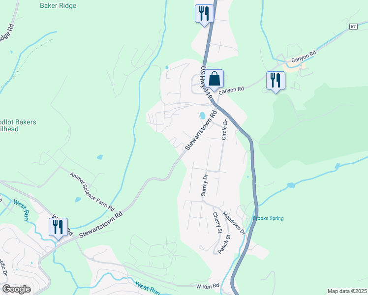 map of restaurants, bars, coffee shops, grocery stores, and more near 1501-1519 Stewartstown Road in Morgantown