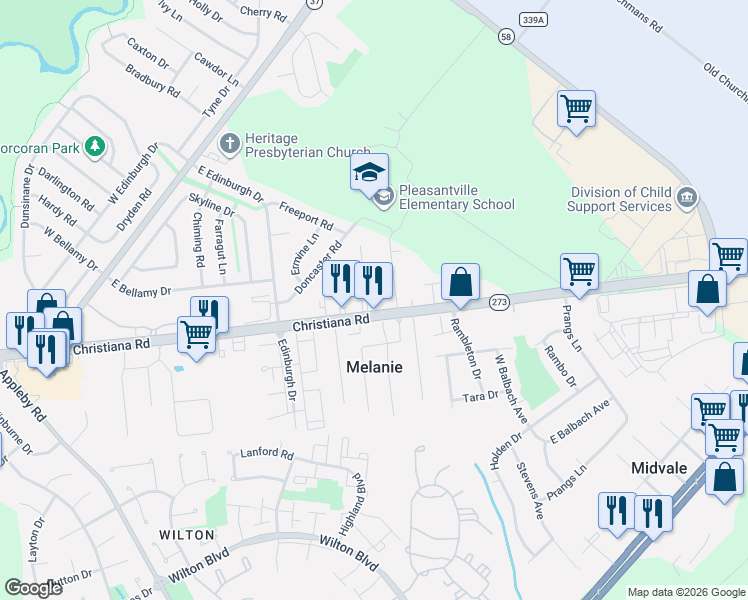 map of restaurants, bars, coffee shops, grocery stores, and more near 2 Catherine Street in New Castle