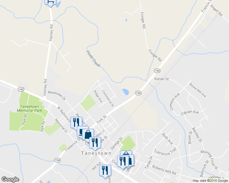 map of restaurants, bars, coffee shops, grocery stores, and more near 218 Maryland Avenue in Taneytown