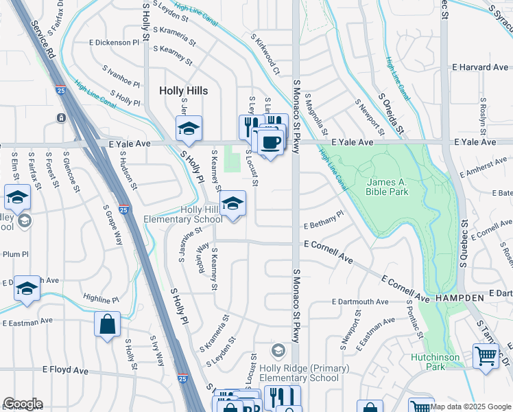 map of restaurants, bars, coffee shops, grocery stores, and more near 6161 East Cornell Avenue in Denver