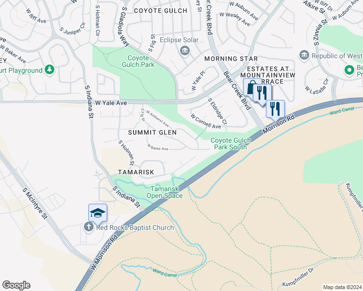 map of restaurants, bars, coffee shops, grocery stores, and more near 14145 West Bates Avenue in Lakewood