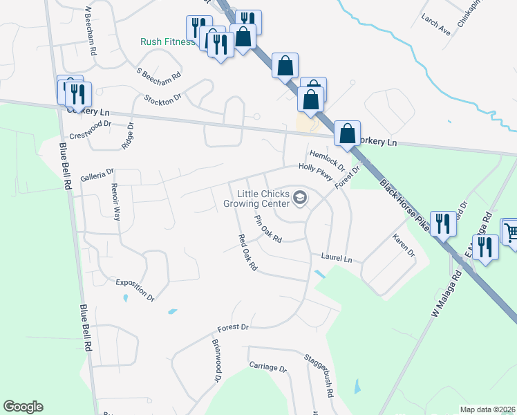 map of restaurants, bars, coffee shops, grocery stores, and more near 1626 Pin Oak Road in Monroe