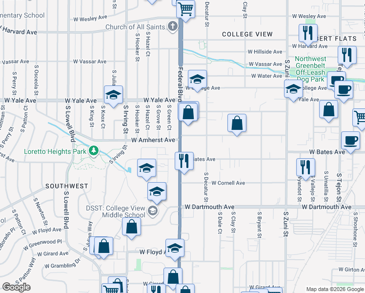 map of restaurants, bars, coffee shops, grocery stores, and more near in Denver