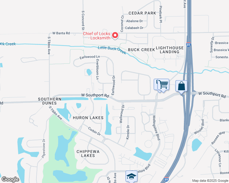 map of restaurants, bars, coffee shops, grocery stores, and more near 6917 Earlswood Drive in Indianapolis