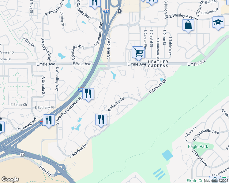 map of restaurants, bars, coffee shops, grocery stores, and more near 13931 East Marina Drive in Aurora