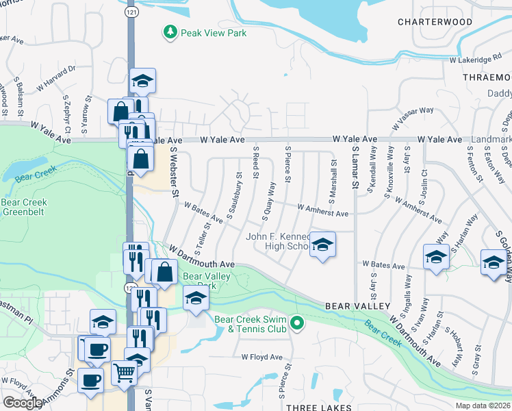 map of restaurants, bars, coffee shops, grocery stores, and more near 2820 South Reed Street in Denver