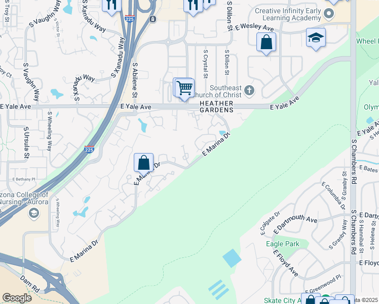 map of restaurants, bars, coffee shops, grocery stores, and more near 14001 East Marina Drive in Aurora