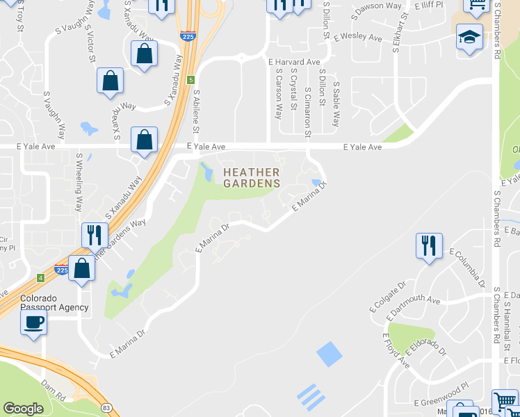 map of restaurants, bars, coffee shops, grocery stores, and more near 14001 East Marina Drive in Aurora