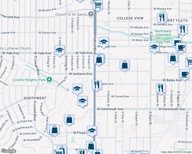 map of restaurants, bars, coffee shops, grocery stores, and more near in Denver