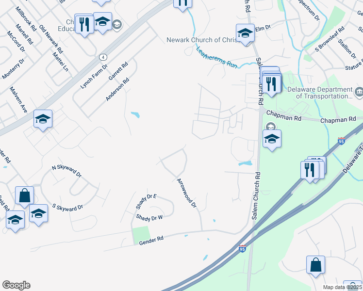map of restaurants, bars, coffee shops, grocery stores, and more near 145 Cypress Drive in Newark