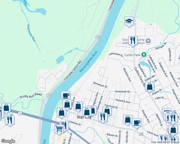 map of restaurants, bars, coffee shops, grocery stores, and more near 5312 University Commons Drive in Star City