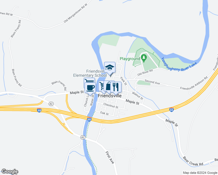 map of restaurants, bars, coffee shops, grocery stores, and more near 141 Walnut Street in Friendsville