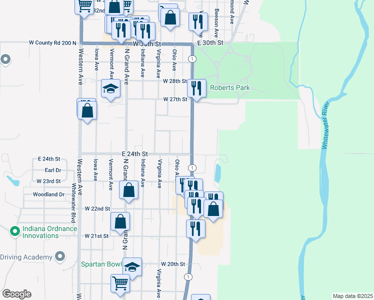 map of restaurants, bars, coffee shops, grocery stores, and more near 104 West 24th Street in Connersville
