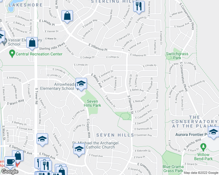 map of restaurants, bars, coffee shops, grocery stores, and more near 19462 East Brunswick Drive in Aurora