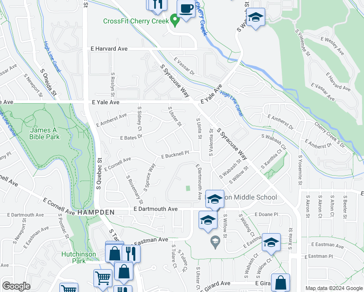 map of restaurants, bars, coffee shops, grocery stores, and more near 2942 South Tamarac Street in Denver