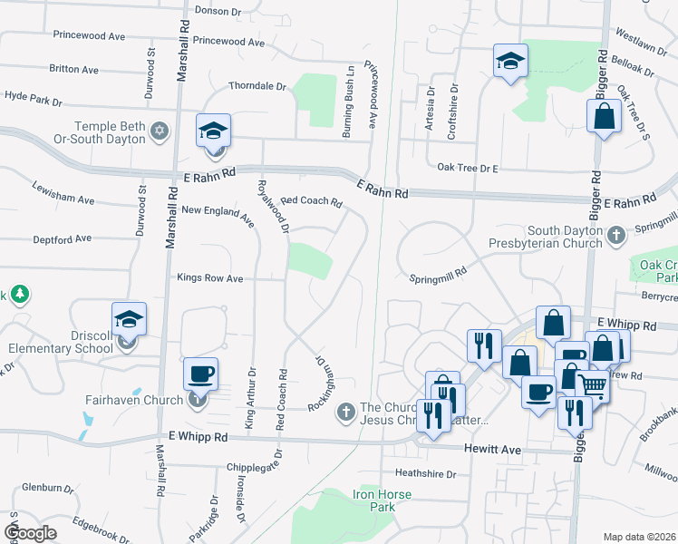 map of restaurants, bars, coffee shops, grocery stores, and more near 5457 Red Coach Road in Dayton
