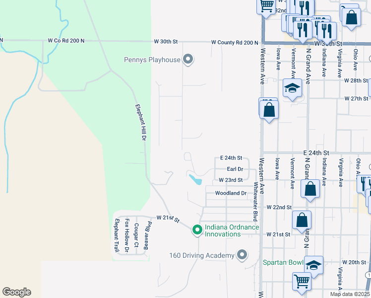 map of restaurants, bars, coffee shops, grocery stores, and more near 2400 North Eby Drive in Connersville