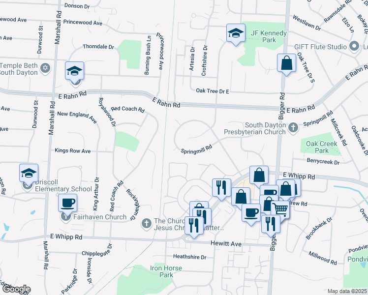 map of restaurants, bars, coffee shops, grocery stores, and more near 2035 Springmill Road in Dayton