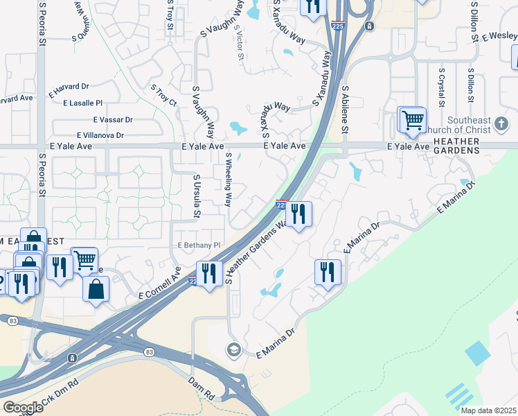 map of restaurants, bars, coffee shops, grocery stores, and more near 2869 South Xanadu Way in Aurora