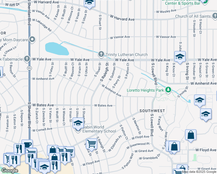 map of restaurants, bars, coffee shops, grocery stores, and more near 2802 South Quitman Street in Denver