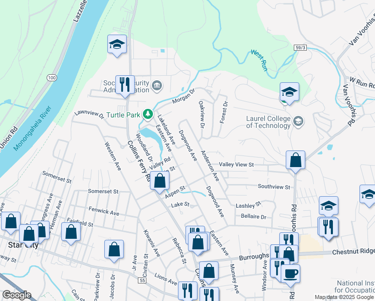 map of restaurants, bars, coffee shops, grocery stores, and more near 1437 Dogwood Avenue in Morgantown