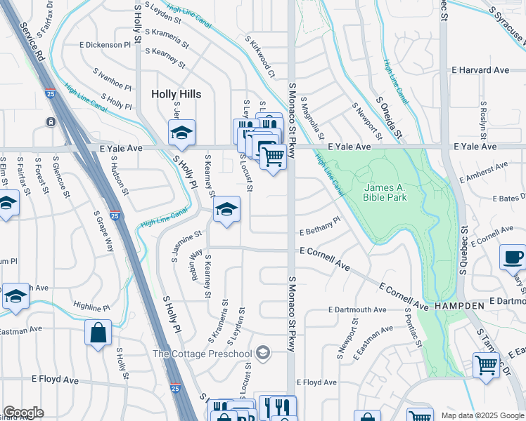 map of restaurants, bars, coffee shops, grocery stores, and more near 2880 South Locust Street in Denver