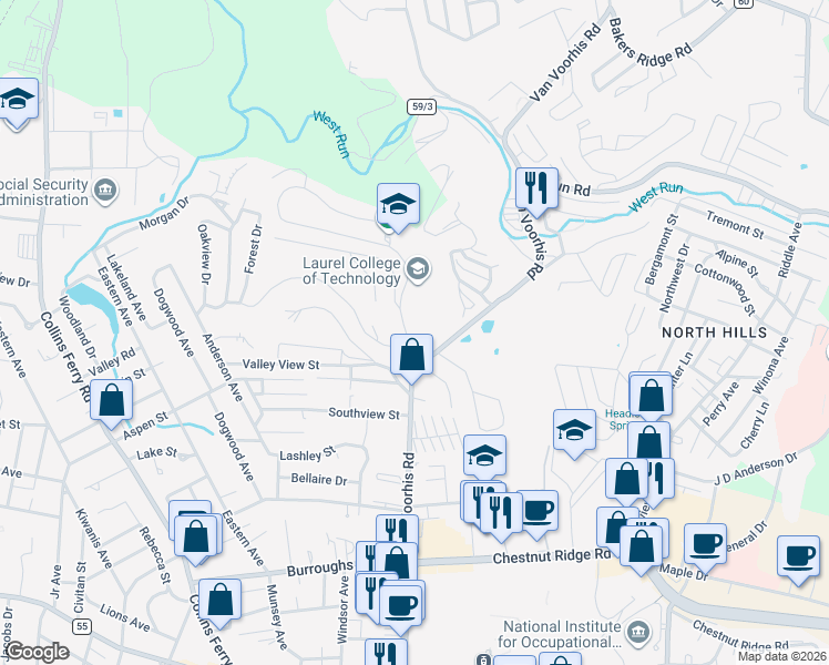 map of restaurants, bars, coffee shops, grocery stores, and more near 108 Wedgewood Drive in Morgantown