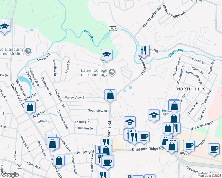 map of restaurants, bars, coffee shops, grocery stores, and more near 108 Wedgewood Drive in Morgantown
