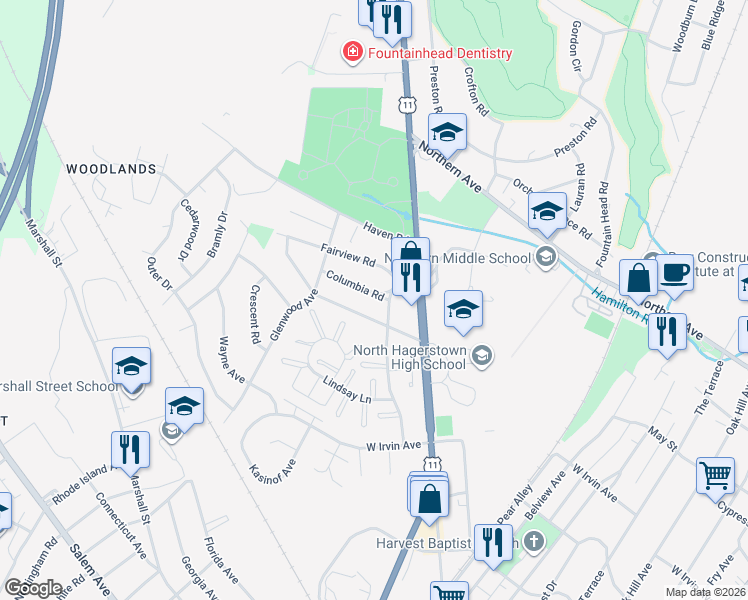 map of restaurants, bars, coffee shops, grocery stores, and more near 1005 Columbia Road in Hagerstown