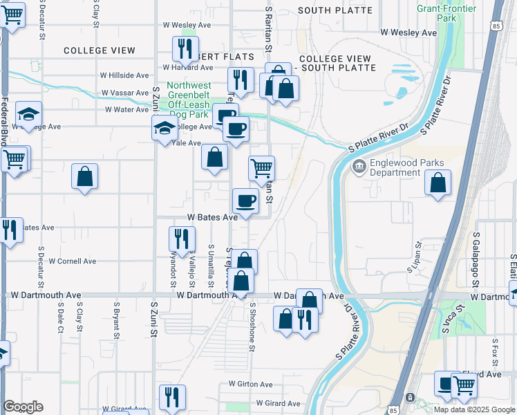 map of restaurants, bars, coffee shops, grocery stores, and more near 2895 S Raritan St in Englewood