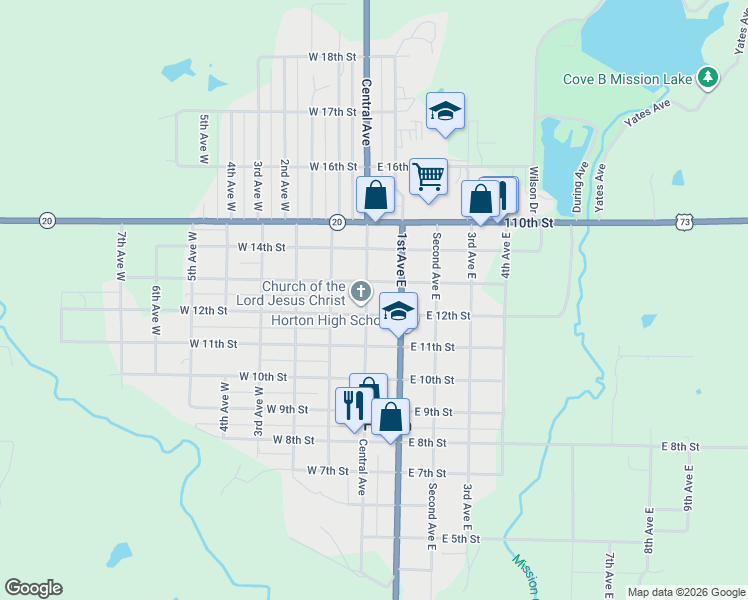 map of restaurants, bars, coffee shops, grocery stores, and more near 1201 Central Avenue in Horton