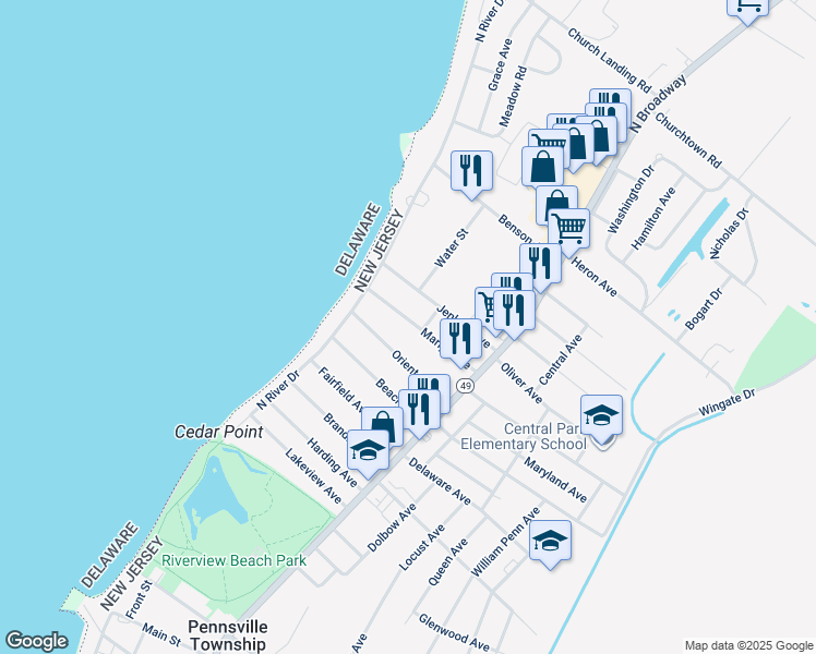 map of restaurants, bars, coffee shops, grocery stores, and more near 41 Marlyn Avenue in Pennsville Township