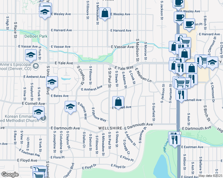 map of restaurants, bars, coffee shops, grocery stores, and more near 2856 South Saint Paul Street in Denver