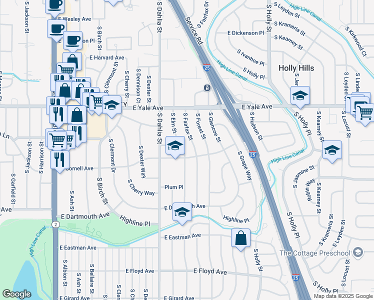 map of restaurants, bars, coffee shops, grocery stores, and more near 2968 South Elm Street in Denver