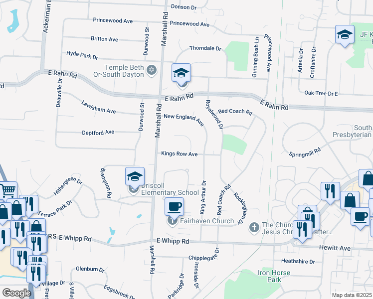 map of restaurants, bars, coffee shops, grocery stores, and more near 737 Kings Row Avenue in Dayton