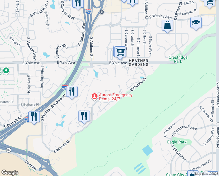 map of restaurants, bars, coffee shops, grocery stores, and more near 13961 East Marina Drive in Aurora