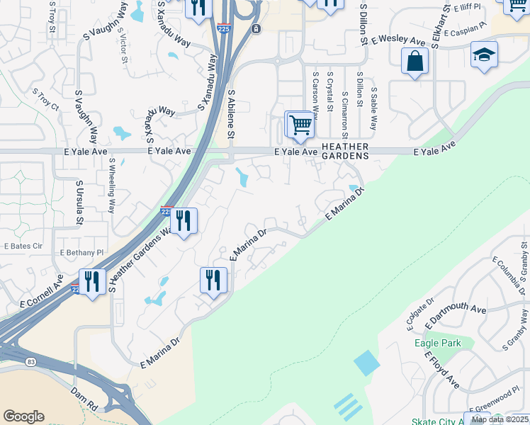map of restaurants, bars, coffee shops, grocery stores, and more near 13961 East Marina Drive in Aurora